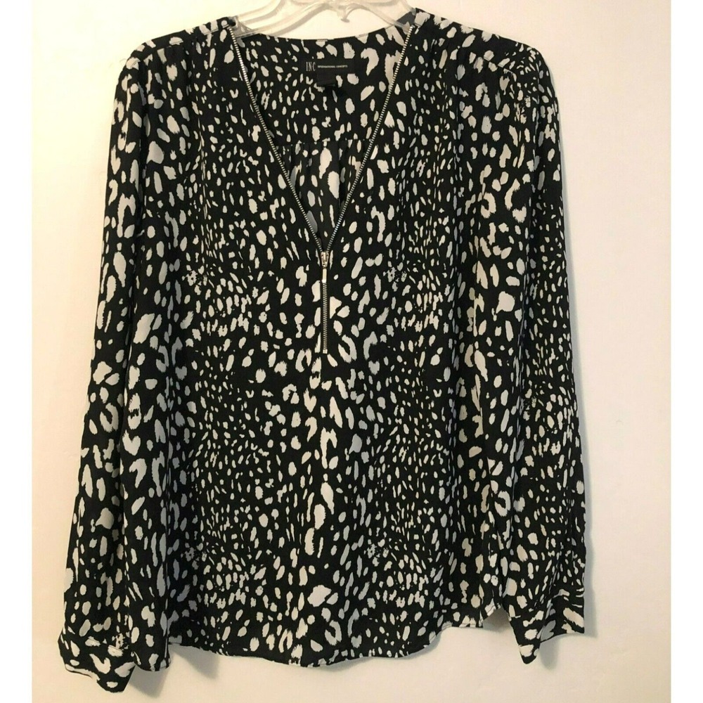 INC Blouse Top Black White 14 Long Sleeve Animal Print Goth Whimsigoth Sassy